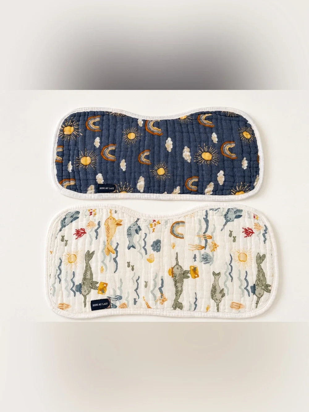 Bebe au Lait Navy & Cream Muslin Burp Cloths with Gold and Blue Prints